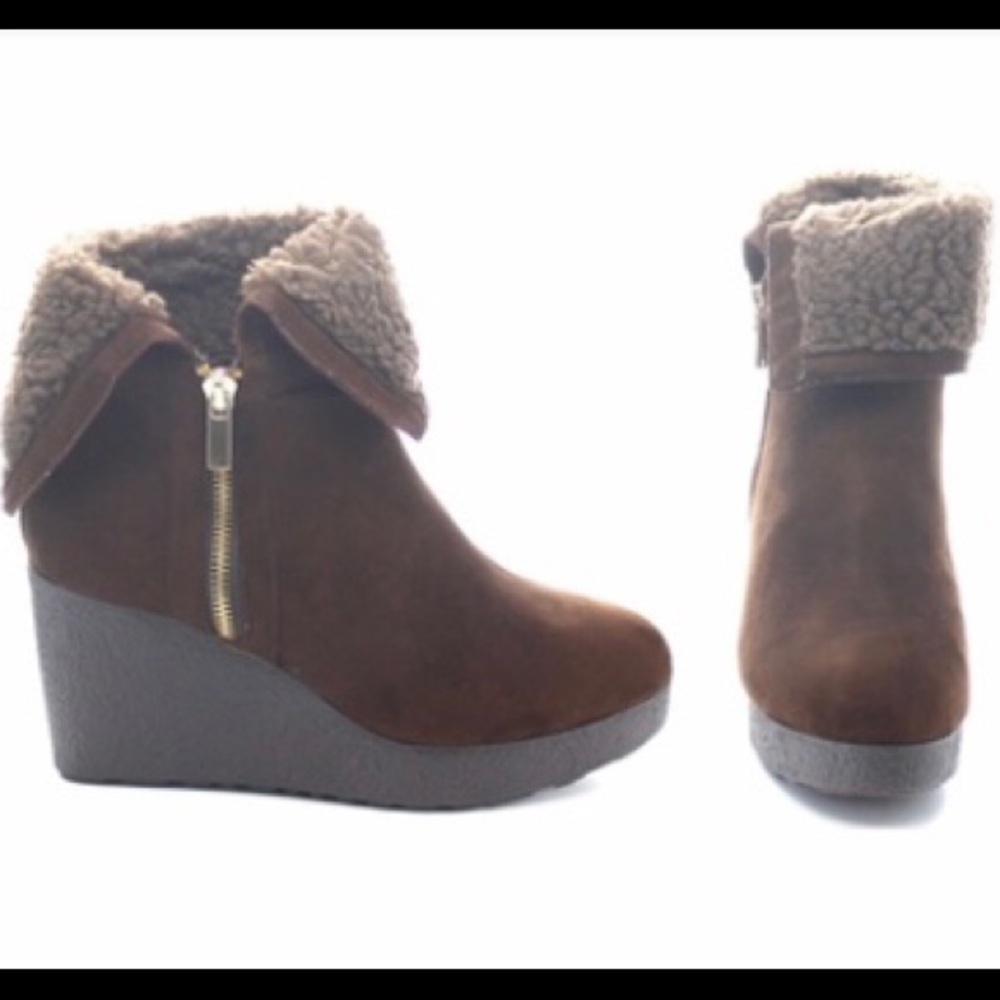 Bamboo Brand Fold Over Suede Wedged Ankle Boots
